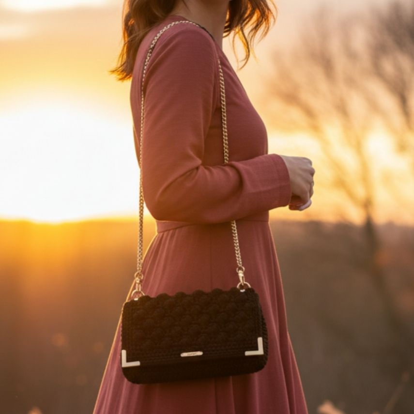 Αμπιγιέ τσαντάκι μαύρο ολόπλεκτο με μεταλλόνημα