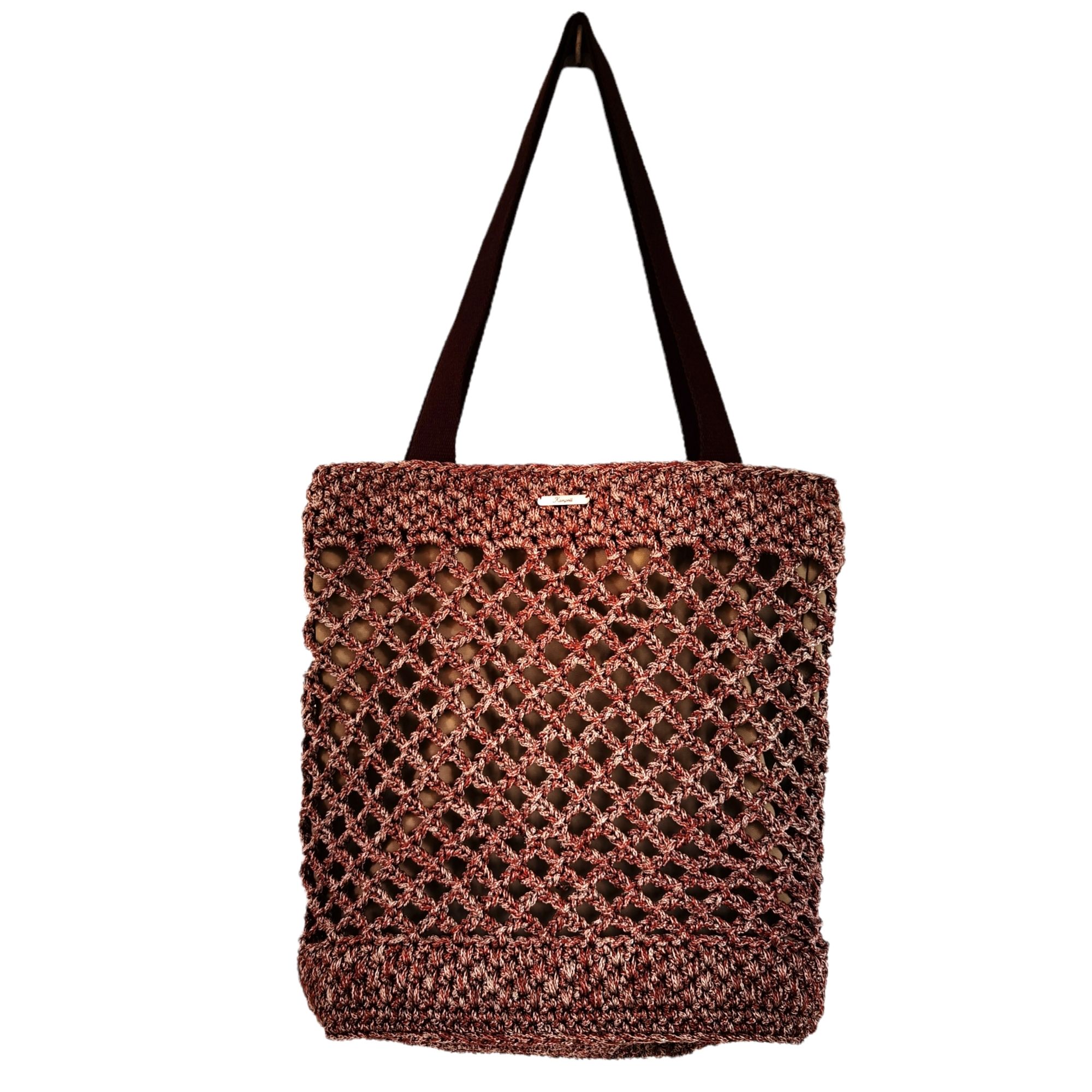 "Κοραλία" μπορντώ - ασημί shopper bag με διχτυωτή πλέξη