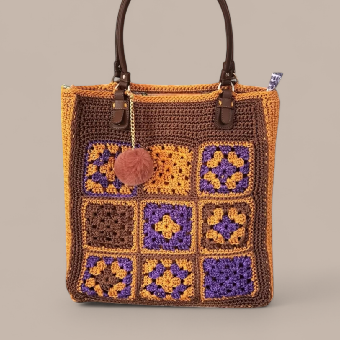 XXL Tote bag με μοτιφ granny square μουσταρδί - μωβ - καφε