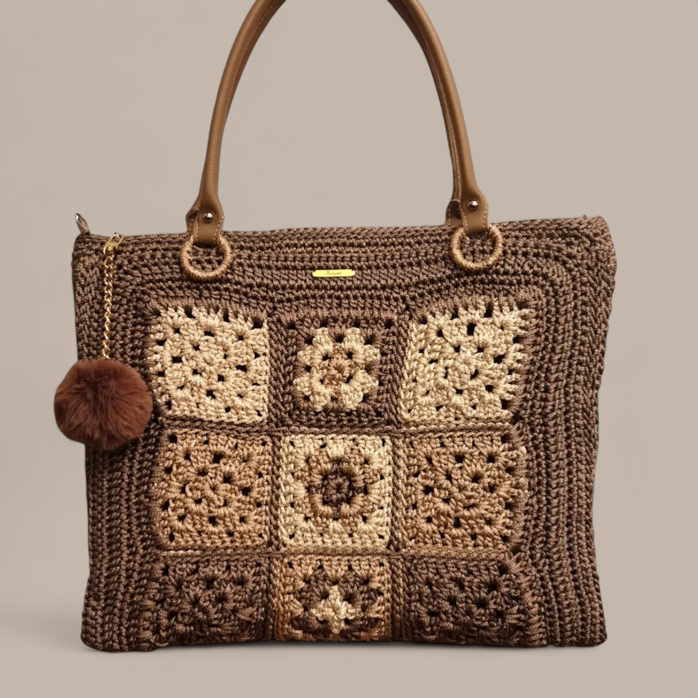 Tote bag με μοτιφ granny square μπεζ - εκρού - ιβουάρ