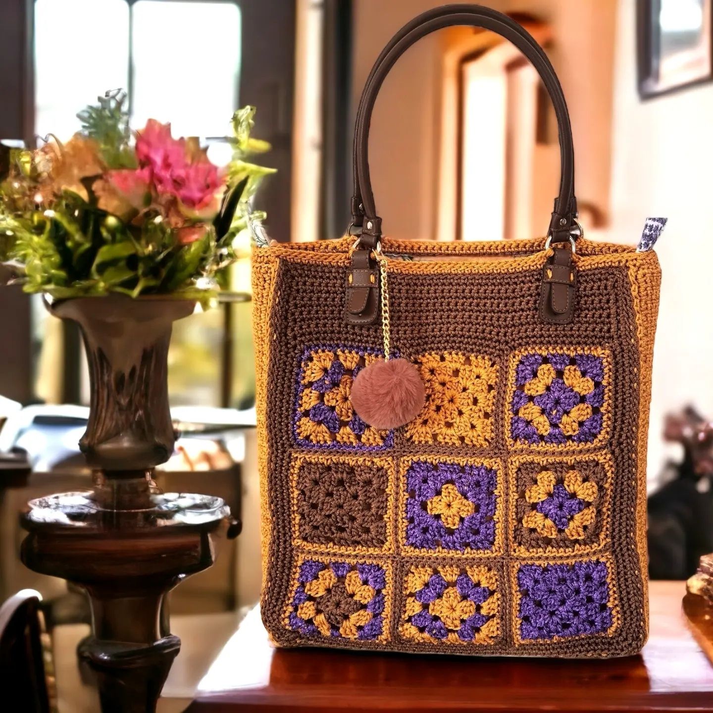 XXL Tote bag με μοτιφ granny square μουσταρδί - μωβ - καφε