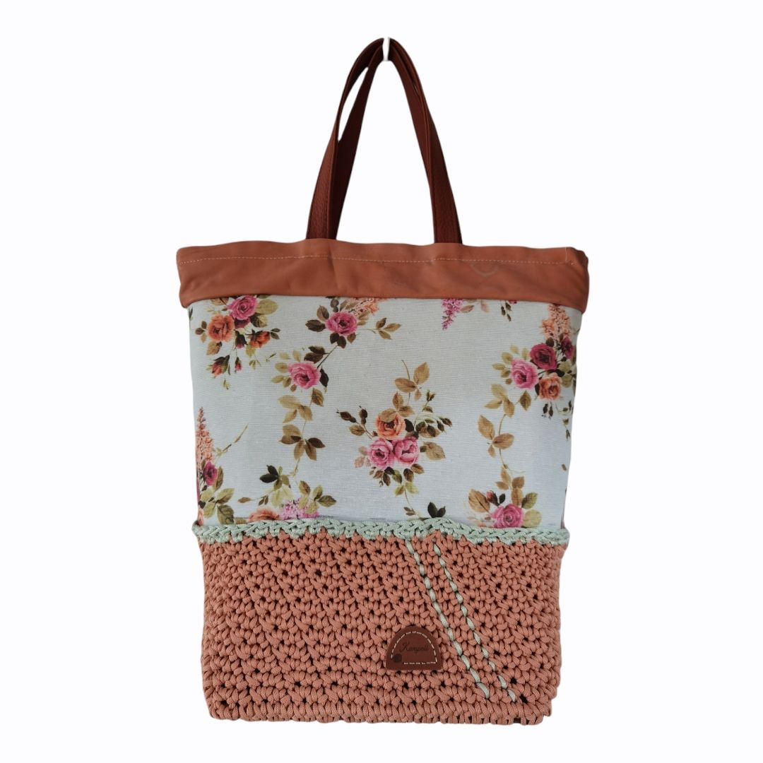 Σομόν πλεκτή τσάντα πουγκί με ύφασμα λουλούδια